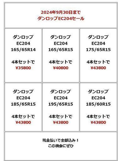 2024年10月30日まで ダンロップEC204セール 165/65R14 現金払いで工賃込み