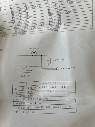 美原店 ヤ 一枚切スライサー　A-70 ALFA70 アルファ　説明書付き　ベーカリー パンスライサー ハクラ精機 100V 
