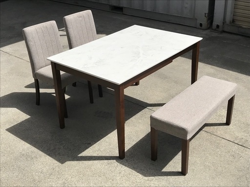 E471◇サンウッディ　ダイニング４点セット！大理石柄◇マーブル◇伸縮式テーブル・チェア２脚・ベンチ◇W80〜120cm◇４人掛け