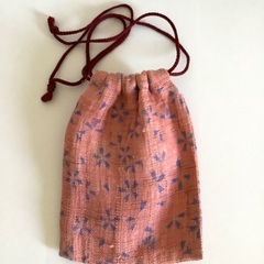 麻の巾着　花柄　ピンク　小物入れ巾着　ミニ巾着　裏地付きの画像