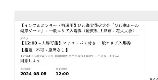 びわ湖大花火大会８月８日チケット2枚