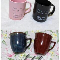 ネコ柄マグカップとマグカップ ４個セット、スプーン３本