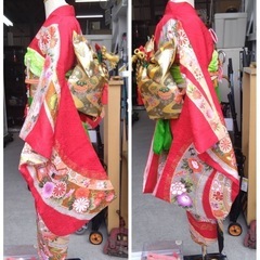 ● 7才用  正絹 着物 赤 のし柄 作り帯 子供  Lサイズ 草履 バッグ 小物 七五三 (帯揚げ・帯締め 欠品 大人用代用)  フルセット 中古 ③の画像