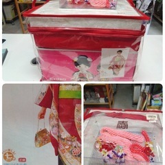 ● 7才用  正絹 着物 赤 のし柄 作り帯 子供  Lサイズ 草履 バッグ 小物 七五三 (帯揚げ・帯締め 欠品 大人用代用)  フルセット 中古 ③の画像