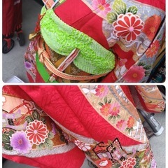 ● 7才用  正絹 着物 赤 のし柄 作り帯 子供  Lサイズ 草履 バッグ 小物 七五三 (帯揚げ・帯締め 欠品 大人用代用)  フルセット 中古 ③の画像