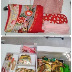 ● 7才用  正絹 着物 赤 のし柄 作り帯 子供  Lサイズ 草履 バッグ 小物 七五三 (帯揚げ・帯締め 欠品 大人用代用)  フルセット 中古 ③の画像