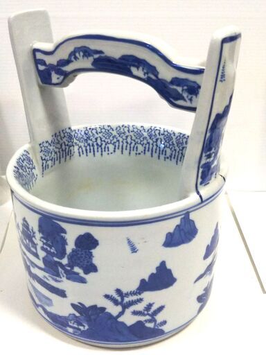 ◎ J 手桶 花瓶 花器 昭和レトロ 陶器製花瓶 陶器製 高さ30㎝ 口径23㎝ 割れ/欠けなし  持ち手付き