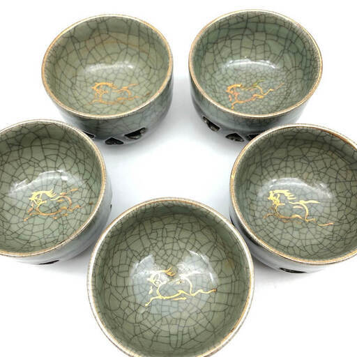 ss6611 大堀相馬焼 急須＆湯呑 6点セット 大堀焼 青ひび 貫入 走り駒