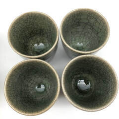 ss6613　 大堀相馬焼 相馬近景作 湯呑 2種 9点セット 大堀焼 青ひび 貫入 走り駒 金彩 馬 陶器 和風 焼き物 食器 工芸品 緑系 グリーン お茶 ゆのみ 小ぶり 大堀相馬焼 中古の画像