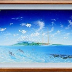 【真作】C.W. Parker 油彩 約50号 大作 南国の島 青い空と海  イルカ の画像