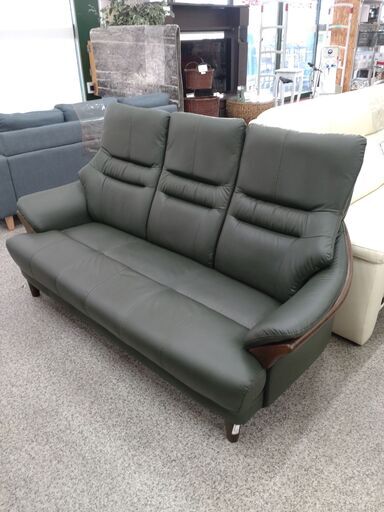 「ジモティー見た」で5％OFF！【3人掛けソファ】3人掛けソファ 合皮 ハイバックタイプ :モスグリーン