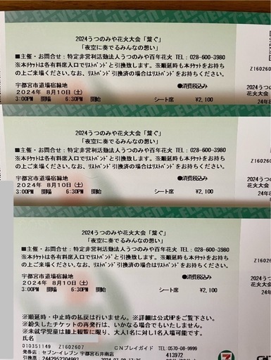 2024うつのみや花火大会 シート席3枚セット