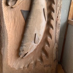 美術 彫刻 鮭彫り 置物 縁起物 骨董品 芸術品 木彫り 木彫 木彫工芸 額装 額縁 一枚板 木製彫刻 サケ 鱒 縁起 古民具 商売繁盛 益々繁盛　福岡　田川　田川市　筑豊の画像