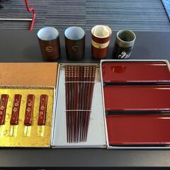 ☆湯吞み茶碗　箸　箸置き　おしぼり置き　セット　漆器　川連漆器　...