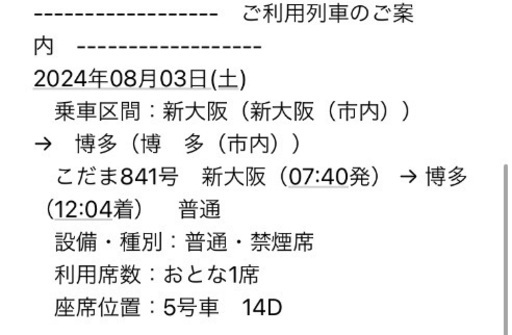 新大阪→博多　新幹線　チケット
