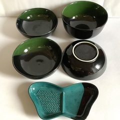 【美品】お椀　取り皿　小皿　薬味入れ　すりおろし　5点セット　和食器　黒/緑　ミニ丼鉢 の画像