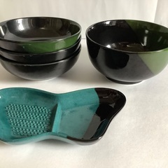 【美品】お椀　取り皿　小皿　薬味入れ　すりおろし　5点セット　和食器　黒/緑　ミニ丼鉢 の画像