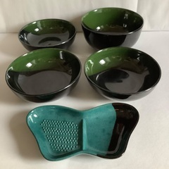 【美品】お椀　取り皿　小皿　薬味入れ　すりおろし　5点セット　和食器　黒/緑　ミニ丼鉢 の画像