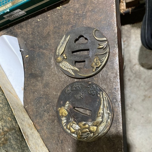 刀鍔 金銀象嵌入り在銘２枚セット