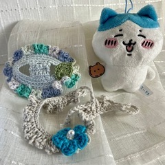 ぽてたま ちいかわ ぬいぐるみ ハンドメイド かぎ針編み ブルーとイエローのヘアバンド リボンワンピース キャラクターグッズの画像