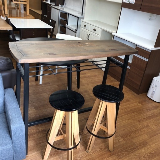 カウンターテーブル3点セット　天板キズ有り　ブラウン×ブラック【取りに来れる方限定！】