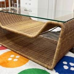 【中古品】ラタン アイアン センターテーブル オシャレ ガラス天板 アジアン家具 生活家具 ローテーブルの画像