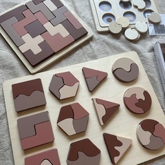 【5種セットで】3coinsスリーコインズ木製知育玩具【パズル・ボード・バランスボード】の画像
