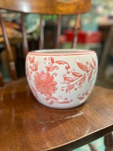 陶器製　火鉢　プランター　めだか鉢　ピンク　花柄