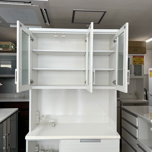 【超美品‼️】ニトリ 100cm幅キッチンボード 食器棚 収納家具 艶あり木目調ホワイト♪