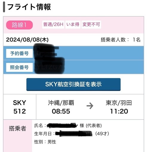 航空券　8/8（木）朝便　那覇8:55発羽田11:20着（片道）
