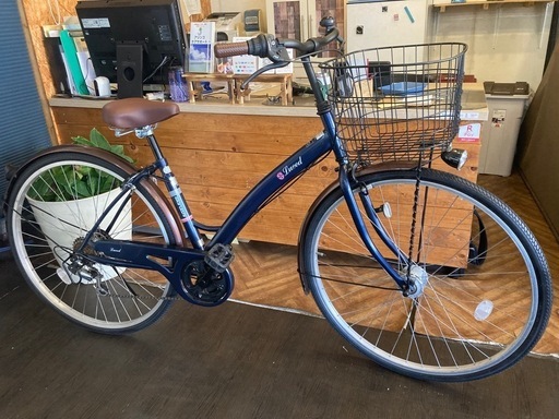 【前後タイヤ・後輪チューブ新品！】 LEDオートライト　6段変速　27インチ自転車　ネイビーブルー×ブラウン