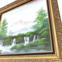 大型油彩画   肉筆　風景画  森林水面　金色額縁　インテリア　美術品 大型油彩画 肉筆 風景画 森林水面 金色額縁 インテリア 美術品