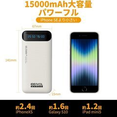 モバイルバッテリー15000mAh 2台同時充電 LCD残量表　USBTypeCケーブル付き 新品未使用　現金支払い変更対応可の画像