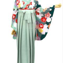 京越　洗える振袖　二尺袖　袴にお似合い　濃い緑地に縞と桜模様