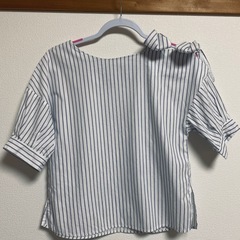 フリーサイズ レルビエ ショルダーリボンストライプトップスの画像