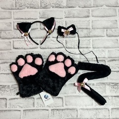 【新品・未使用】黒猫 4点セット 耳カチューシャ 首輪 もこふわ...
