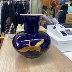 有田焼　香蘭社　金銀鶴絵　瑠璃色花瓶　花器　フラワーベース