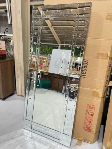 ①★倉庫保管品★全身ミラー 姿見 置き型 壁掛け メタリック アメリカン アンティーク風 スタッズ風 インテリア