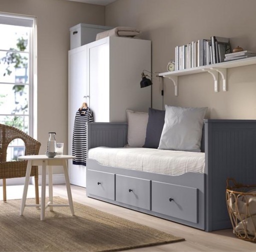 ①【IKEA/イケア】HEMNES ヘムネス デイベッドフレーム（引き出し×3）, グレー