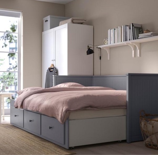 ①【IKEA/イケア】HEMNES ヘムネス デイベッドフレーム（引き出し×3）, グレー
