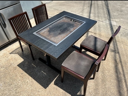 お好み焼き台 LPガス お好み焼きテーブル イス4脚付き 鉄板焼きテーブル もんじゃ焼き4人用 食卓テーブル兼用 蓋付き ダイニングテーブル プロパンガス ②