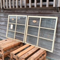 シャビーな古い木枠ガラス戸2枚セット①　ゆらゆらガラス 古建具　古道具