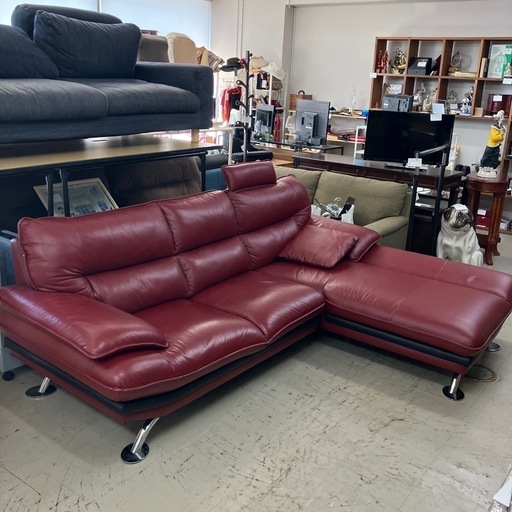ロ2408-379 カウチソファー コーナーソファー L字 脚付き レッド キズ汚れ有り
