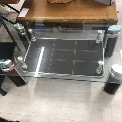 ローテーブルガラス天板ブラウン×シルバー【トレファク堺福田店】
