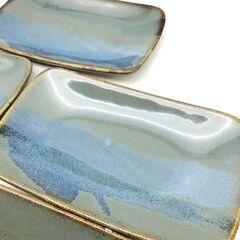 ss6632　こぶ志焼 長角皿 5枚セット 海鼠釉 取皿 22×13cm 青系 陶器 お皿 銘々皿 魚 盛皿 和食器 ブルー 北海道 なまこゆう 焼物 レトロ こぶ志焼 中古の画像