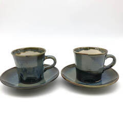 ss6634　こぶ志焼 コーヒーカップ プレート 2客セット 海鼠釉 カップ＆ソーサー c/s 青系 陶器 珈琲 菓子皿 銘々皿 和食器 ブルー 北海道 なまこゆう 焼物 レトロ こぶ志焼 中古の画像