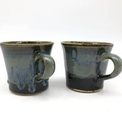 ss6634　こぶ志焼 コーヒーカップ プレート 2客セット 海鼠釉 カップ＆ソーサー c/s 青系 陶器 珈琲 菓子皿 銘々皿 和食器 ブルー 北海道 なまこゆう 焼物 レトロ こぶ志焼 中古の画像