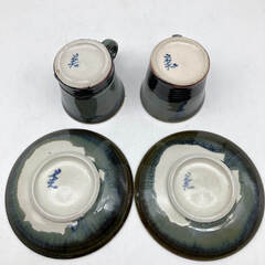 ss6634　こぶ志焼 コーヒーカップ プレート 2客セット 海鼠釉 カップ＆ソーサー c/s 青系 陶器 珈琲 菓子皿 銘々皿 和食器 ブルー 北海道 なまこゆう 焼物 レトロ こぶ志焼 中古の画像