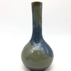 ss6636　 こぶ志焼 花瓶＆湯飲み 2客セット 海鼠釉 青系 陶器 一輪挿し 花器 フラワーベース ゆのみ 湯呑み ペア お茶 和食器 北海道 なまこゆう 焼物 レトロ こぶ志焼 中古の画像