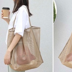 新品未使用　2個セット　メッシュ　ビーチ　トラベルバッグ　女性用　ショルダーバッグ　大容量　女性　トートバッグ、学校用　バッグ、大容量　防水　軽量　ポータブル　折りたたみ　可能　ティーンエージャー　女性　大学生、教師、男性、オフィス、大学、小学校、中学校、高校、仕事、ビジネス、通勤、アウトドア、旅行、外出、スタジアム、スポーツ、ショッピング、休日、ビーチに最適　コンパクト　薄い　薄型　エコバッグ　ネット　の画像